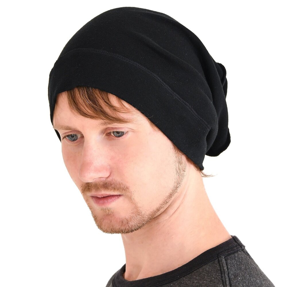 1195 Slouch Beanie Hat - Organic Cotton Hipster Chemo Slouchy Cap Black